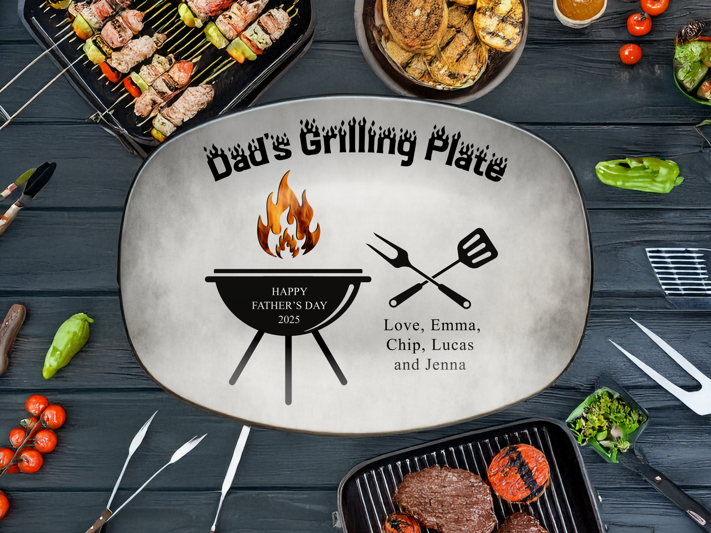 Personalized Dad or Grandpa Grilling Platter – Custom BBQ Plate with Kids' Names – Father's Day Gift