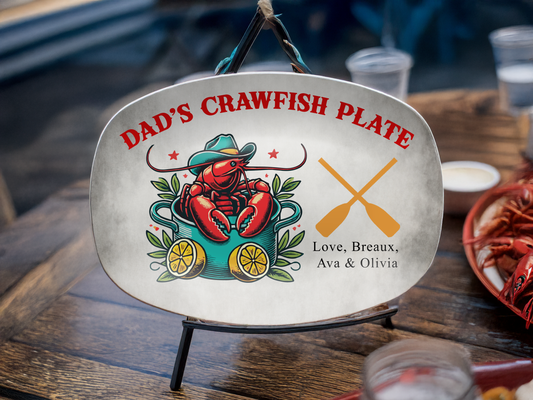 Personalized Dad's Crawfish Plate, Boiling Pot With A Crawfish Inside Wearing A Cowboy Hat