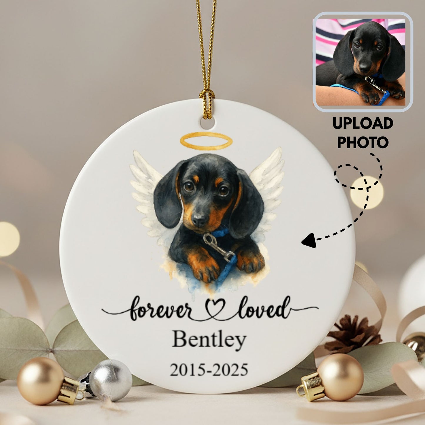 Personalized Watercolor Pet Memorial Ornament, Dog or Cat with Angel Wings & Halo, Christmas Gift