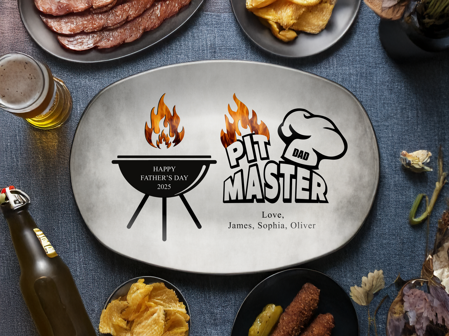 Personalized Dad or Grandpa Grilling Platter – Custom BBQ Plate with Kids' Names – Father's Day Gift