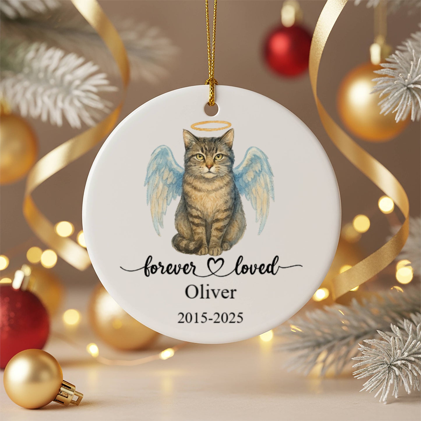 Personalized Watercolor Pet Memorial Ornament, Dog or Cat with Angel Wings & Halo, Christmas Gift