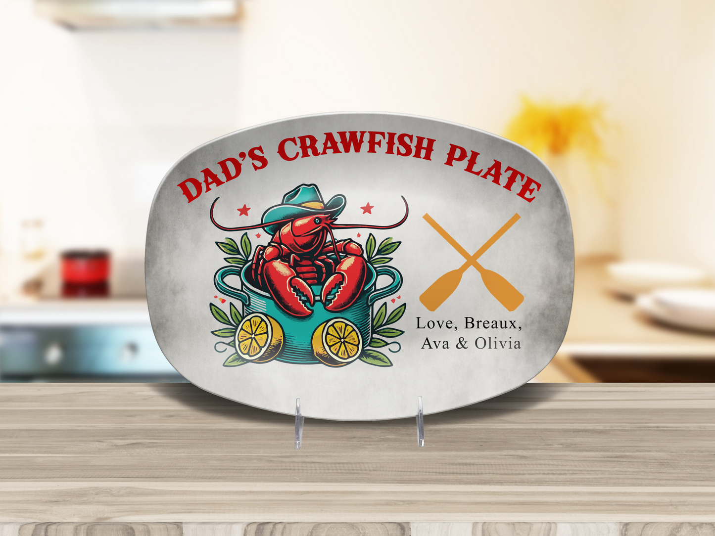 Personalized Dad's Crawfish Plate, Boiling Pot With A Crawfish Inside Wearing A Cowboy Hat