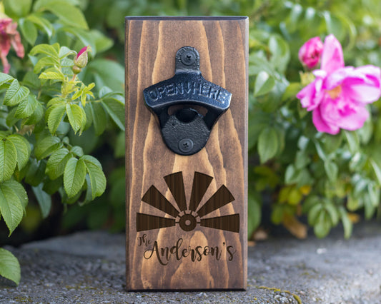 Wall Hanging Bottle Opener/Personalized Old Farmhouse Windmill/ With Family Name/ Country Decor/ Farmhouse Decor