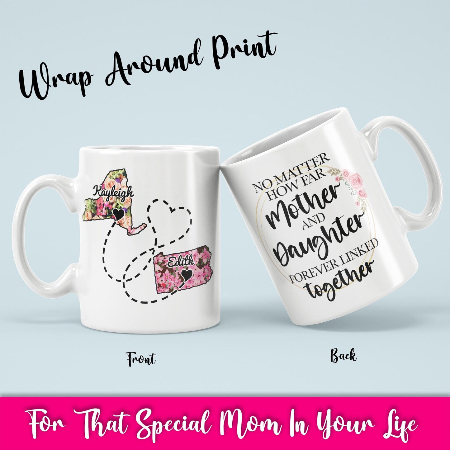 No Matter How Far Mother and Daughter Forever Linked Together Coffee Mug, Long Distance Mother's Day Gift, Custom With Names, Gift For Mom