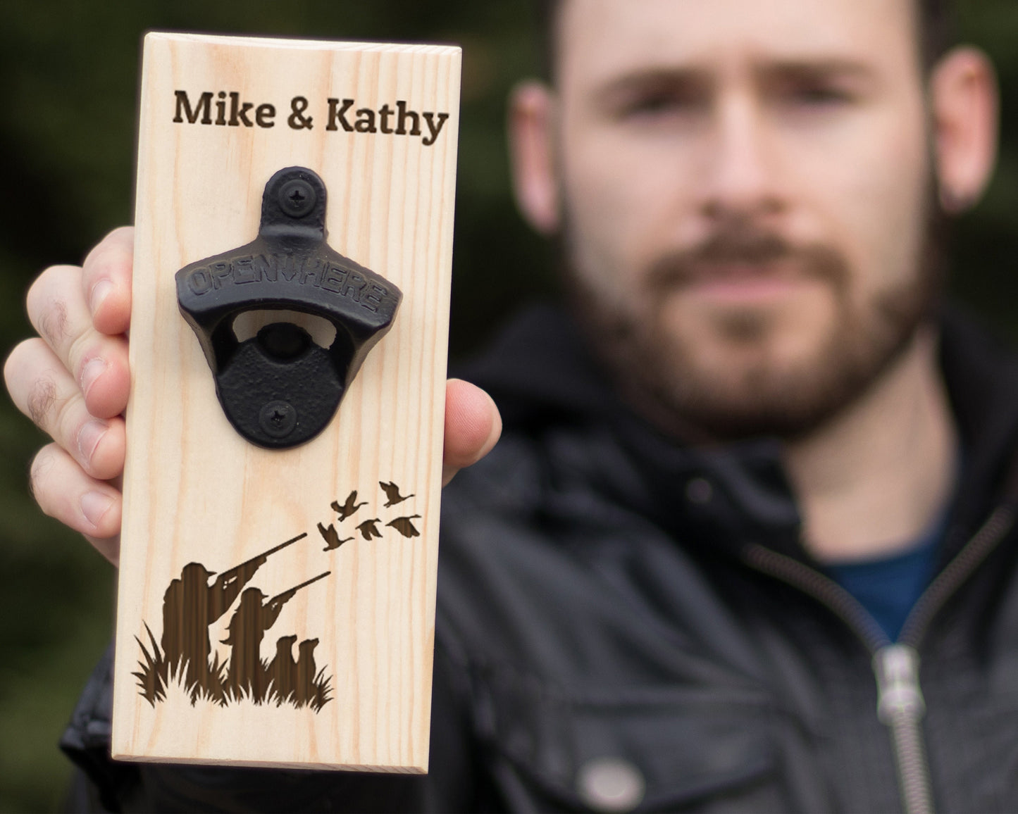 Wall Hanging Bottle Opener/Personalized Duck Hunter Couple With 2 Dogs/ Laser Engraved With Hunters Name/ Duck Hunting Gifts For Couple