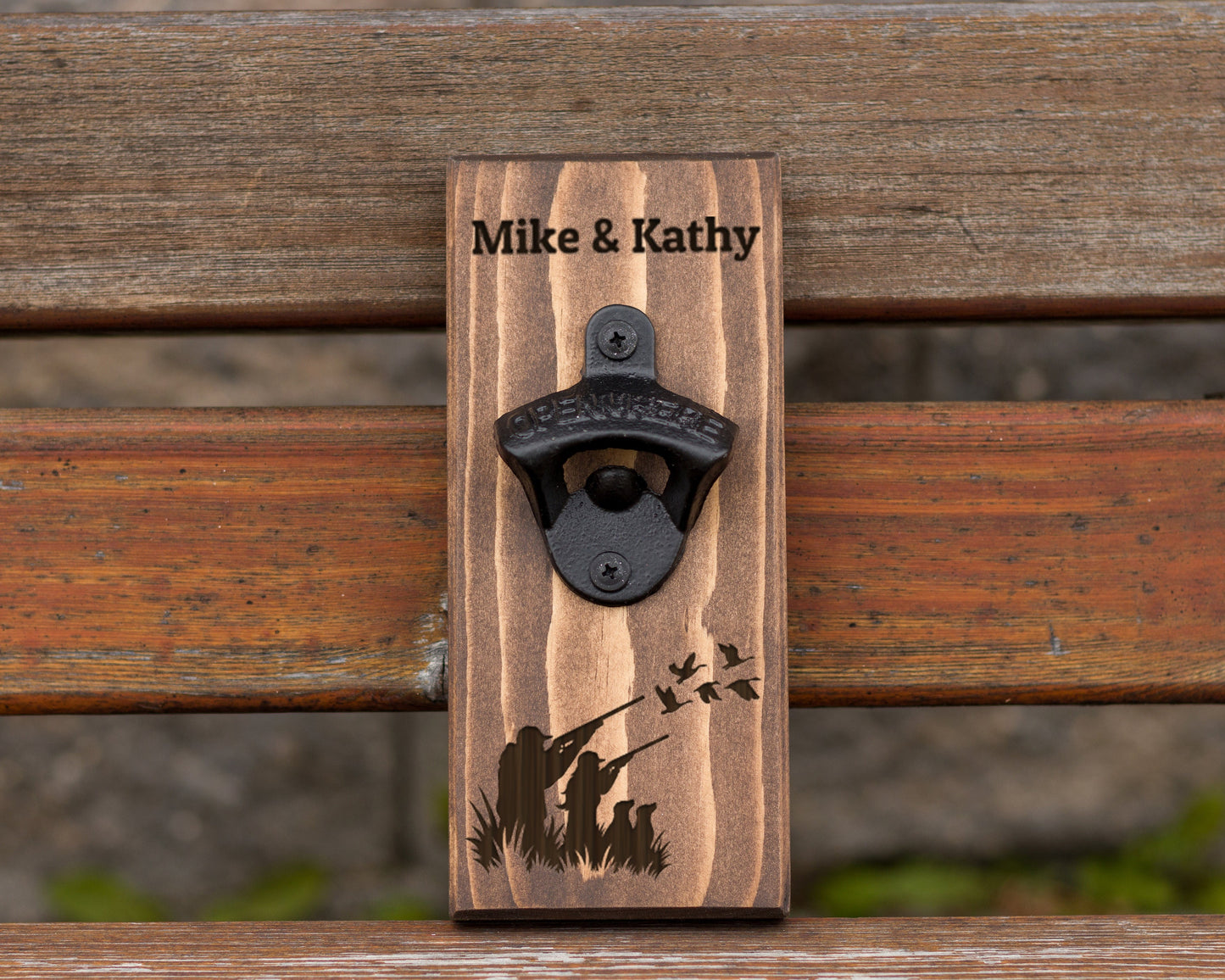 Wall Hanging Bottle Opener/Personalized Duck Hunter Couple With 2 Dogs/ Laser Engraved With Hunters Name/ Duck Hunting Gifts For Couple