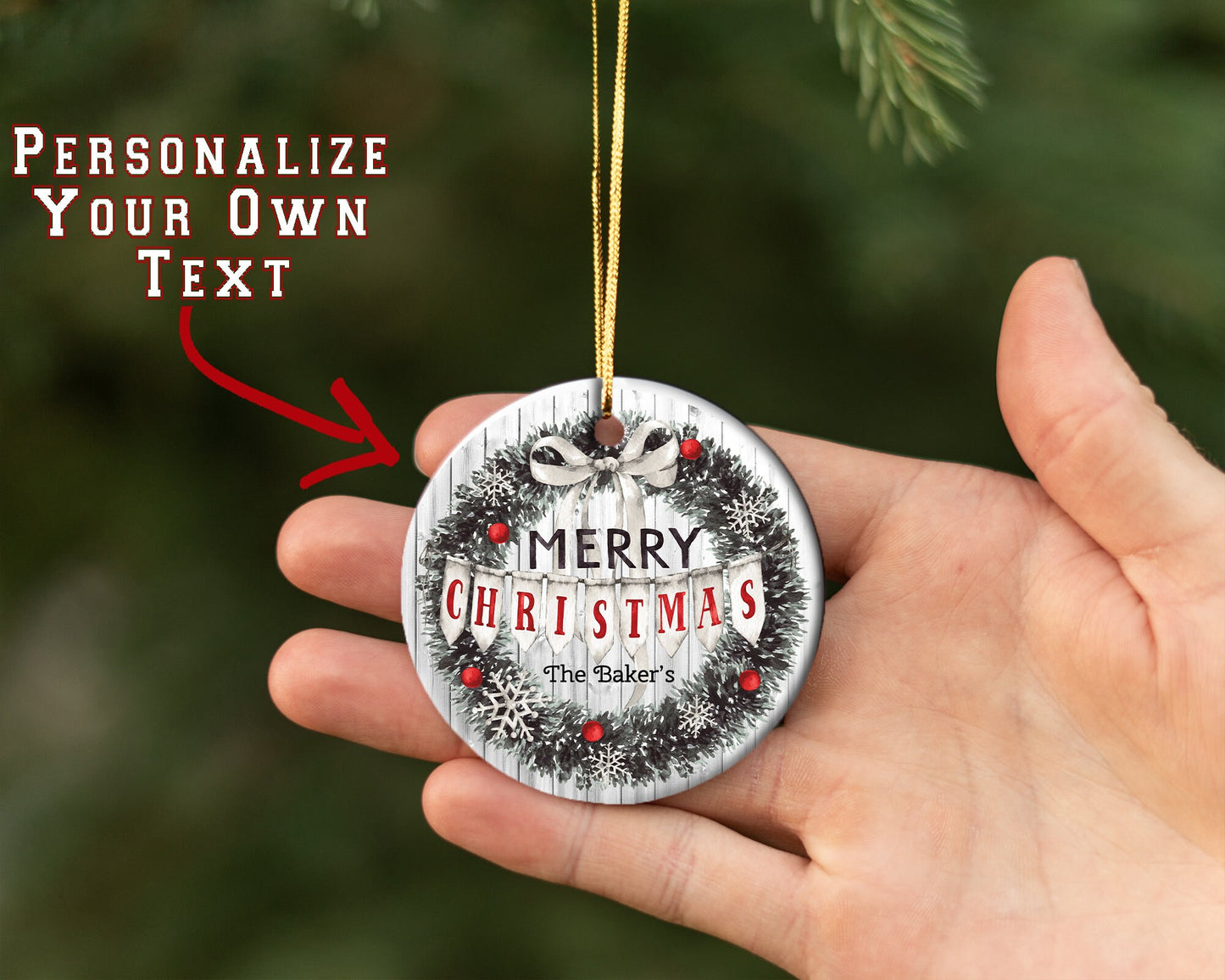 Personalized Christmas Wreath Ornament/ Ceramic Christmas Ornament/ Custom With Family Name/ Christmas Gift