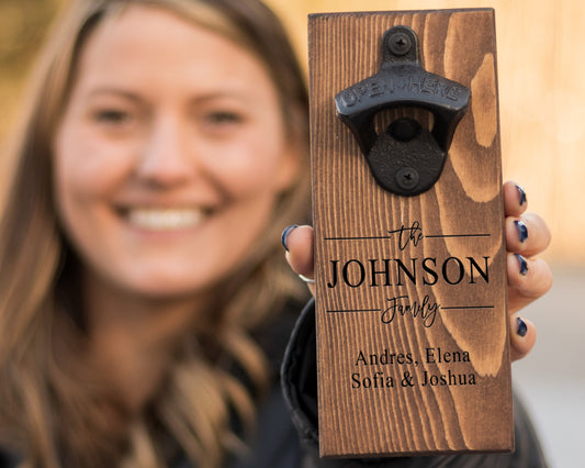 Personalized Wall Mounted Bottle Opener | Custom Family Name