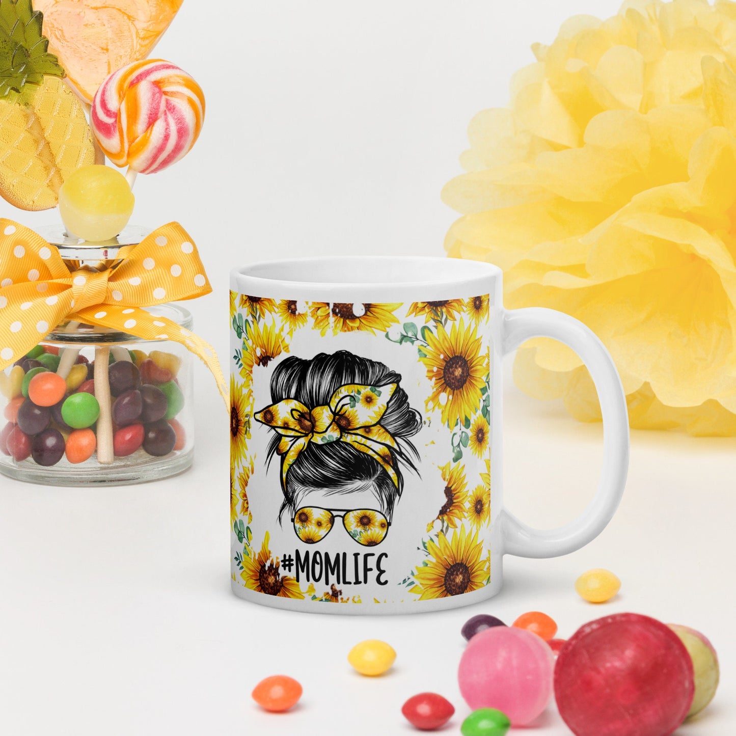 Mother's Day Sunflower Floral Mom Life Messy Bun Hair Mug/ Sunflower Burst/ Birthday Mug
