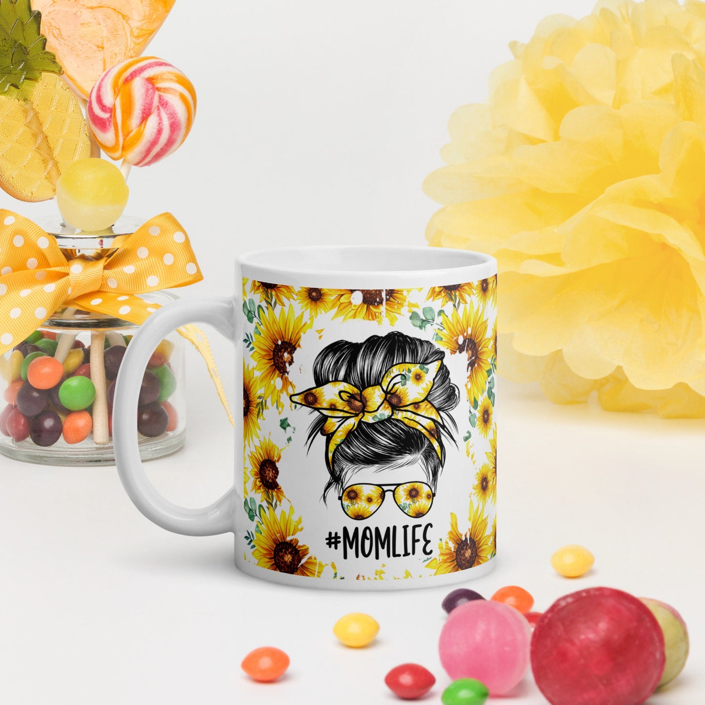 Mother's Day Sunflower Floral Mom Life Messy Bun Hair Mug/ Sunflower Burst/ Birthday Mug