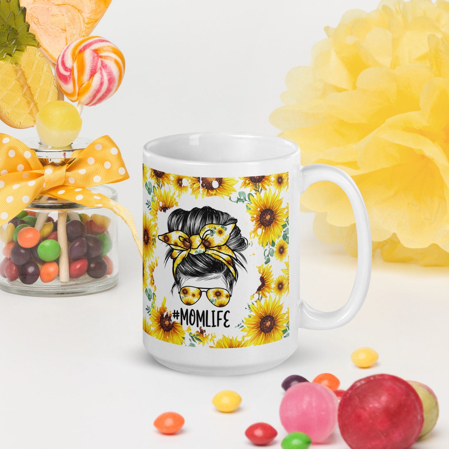 Mother's Day Sunflower Floral Mom Life Messy Bun Hair Mug/ Sunflower Burst/ Birthday Mug