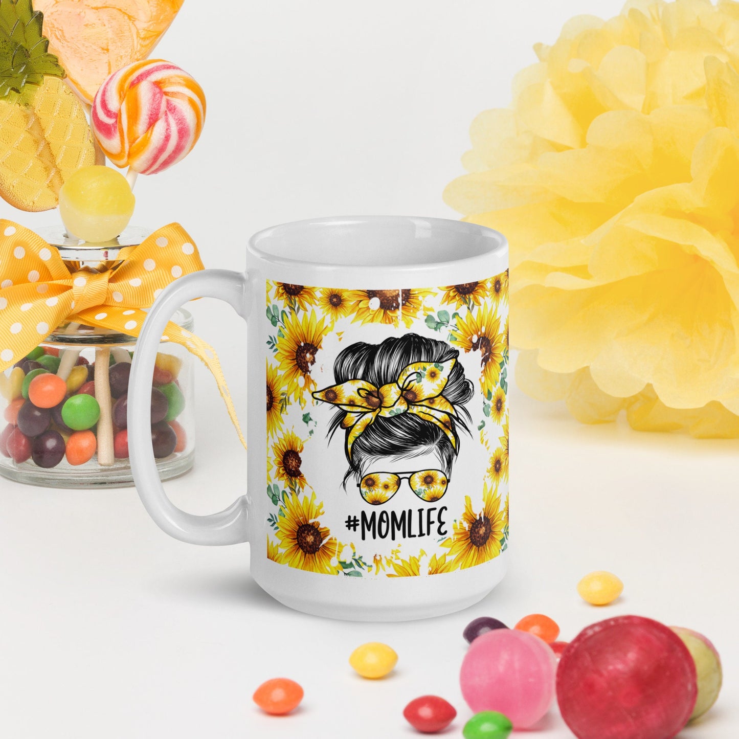 Mother's Day Sunflower Floral Mom Life Messy Bun Hair Mug/ Sunflower Burst/ Birthday Mug