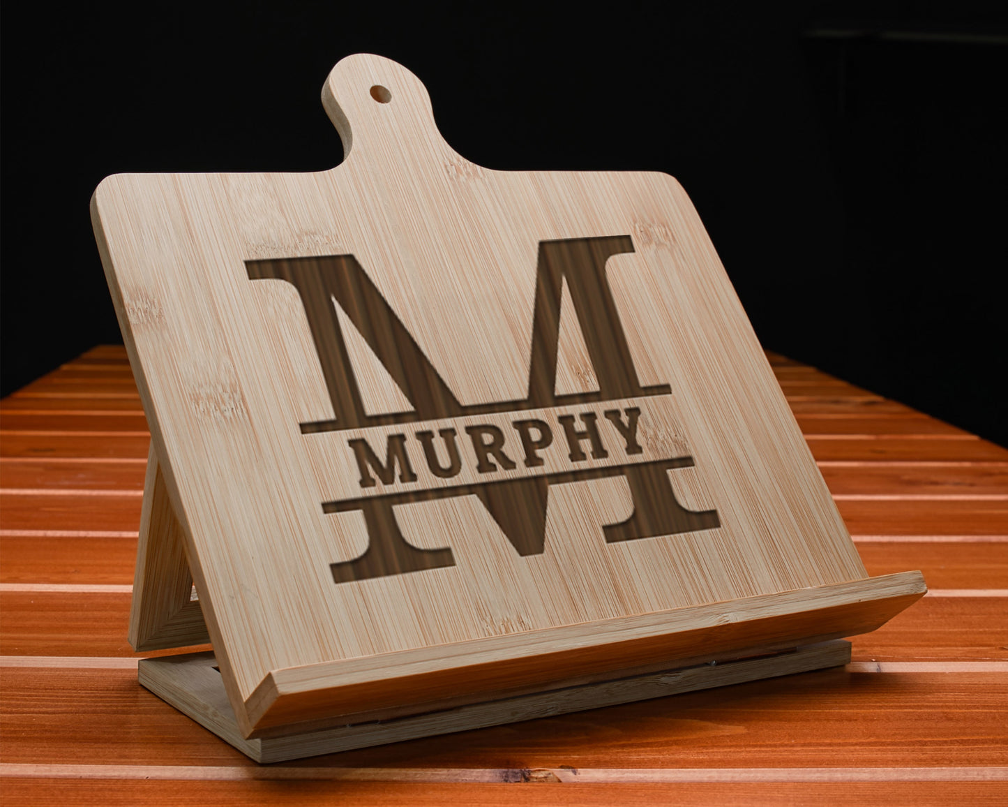 Personalized Bamboo Wood Cookbook Stand, Tablet Holder, With Family Monogram, Mothers Gift, Grandma Gift, Recipe Ipad Holder