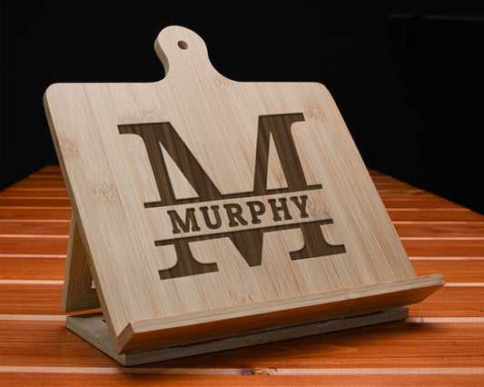 Personalized Bamboo Wood Cookbook Stand, Tablet Holder, With Family Monogram, Mothers Gift, Grandma Gift, Recipe Ipad Holder