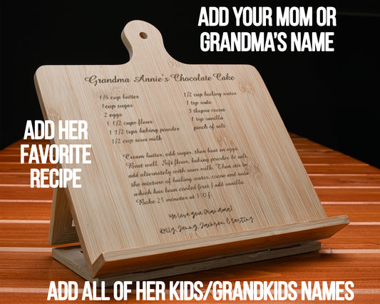 Personalized Bamboo Wood Cookbook Stand With Family Heirloom Recipe