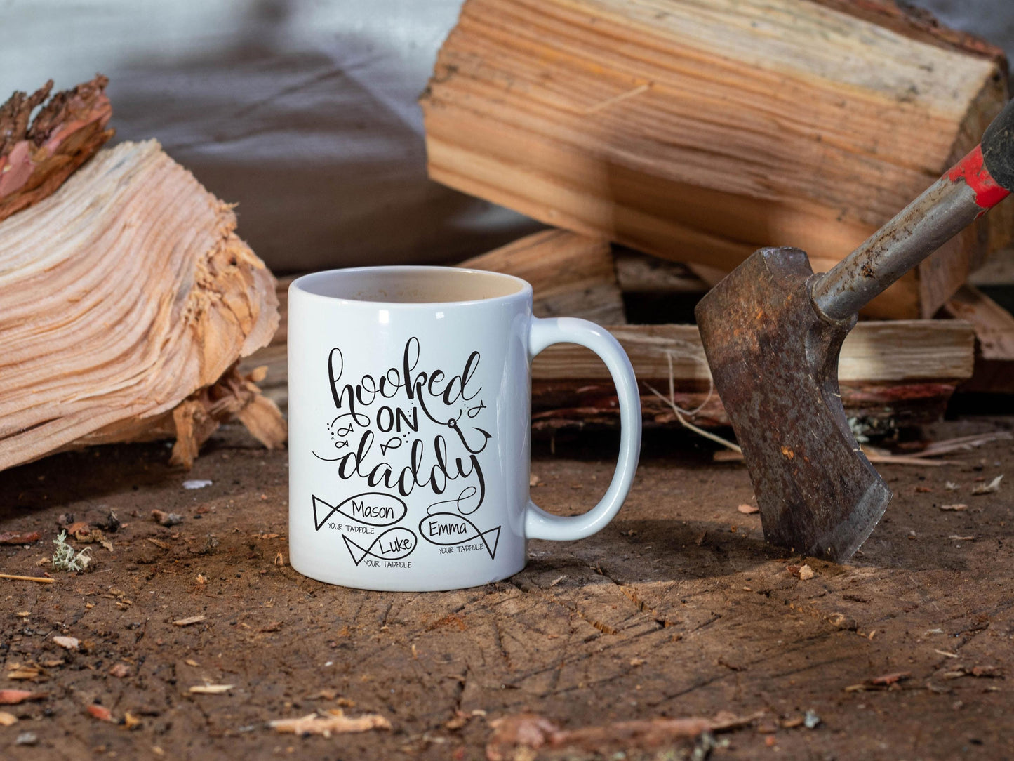 Personalized Hooked On Daddy Fisherman Gift/ Custom With Kids Names/ Christmas/ Birthday/ Father's Day Gift/ Fishing Dad Gift/White Mug