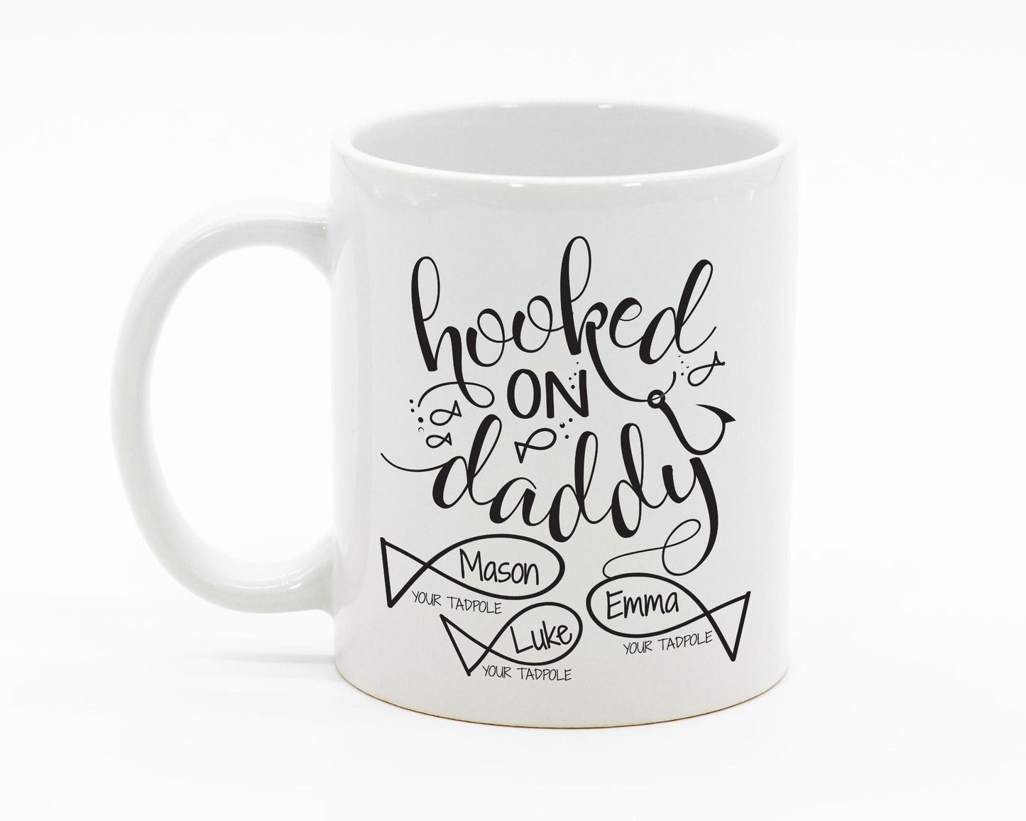 Personalized Hooked On Daddy Fisherman Gift/ Custom With Kids Names/ Christmas/ Birthday/ Father's Day Gift/ Fishing Dad Gift/White Mug