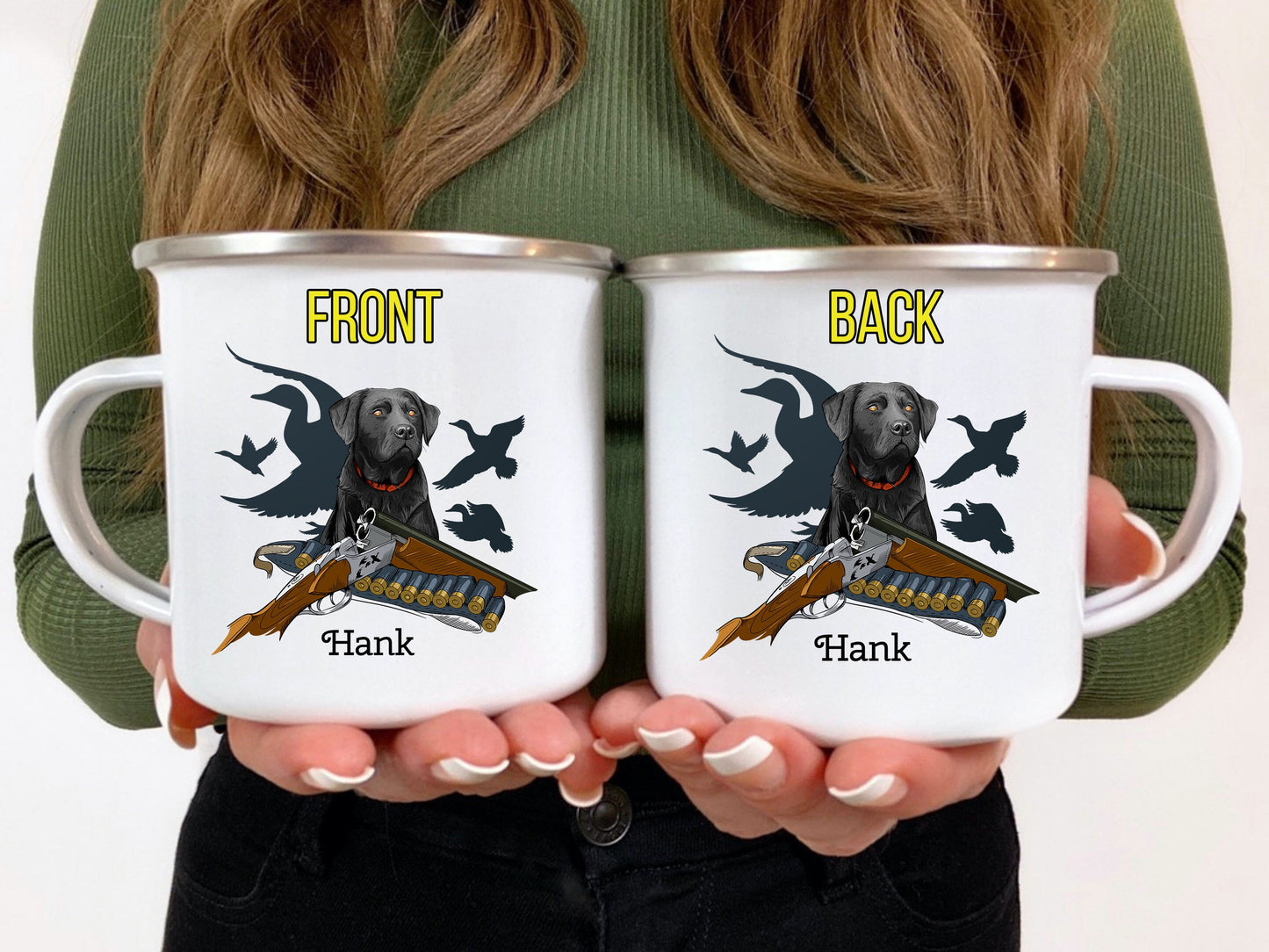 Personalized Black Lab Duck Hunting Dog/ 12oz Camping Enamel Coated Metal Mug/ Customized With Dogs Name/ Duck Hunter Gift/ Lab Dog Lover