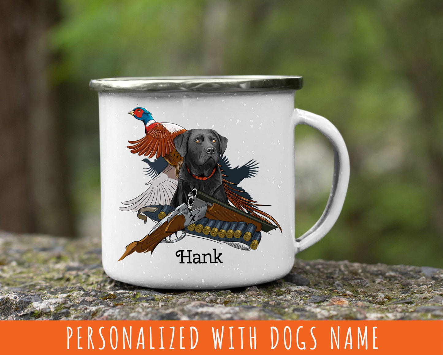 Personalized Black Lab Pheasant Hunting Dog/ 12oz Camping Enamel Coated Metal Mug/ Customized With Dogs Name/ Pheasant Hunter Gift/ Lab Dog
