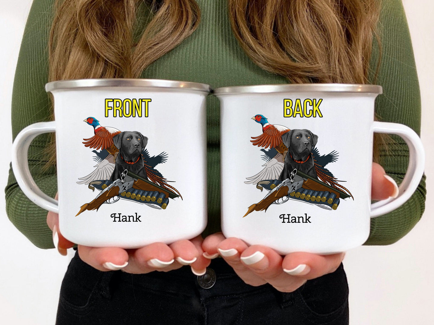 Personalized Black Lab Pheasant Hunting Dog/ 12oz Camping Enamel Coated Metal Mug/ Customized With Dogs Name/ Pheasant Hunter Gift/ Lab Dog