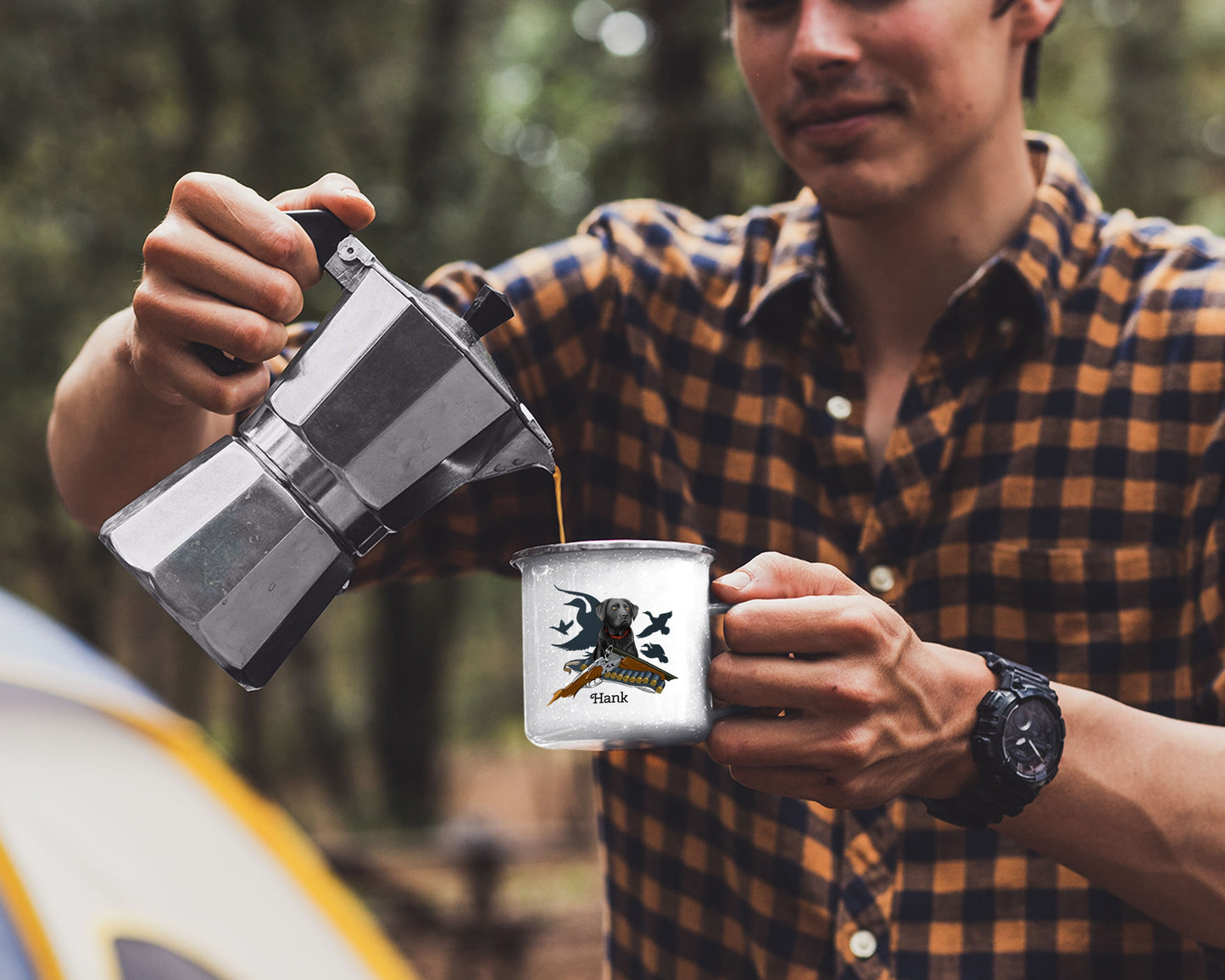 Personalized Black Lab Duck Hunting Dog/ 12oz Camping Enamel Coated Metal Mug/ Customized With Dogs Name/ Duck Hunter Gift/ Lab Dog Lover