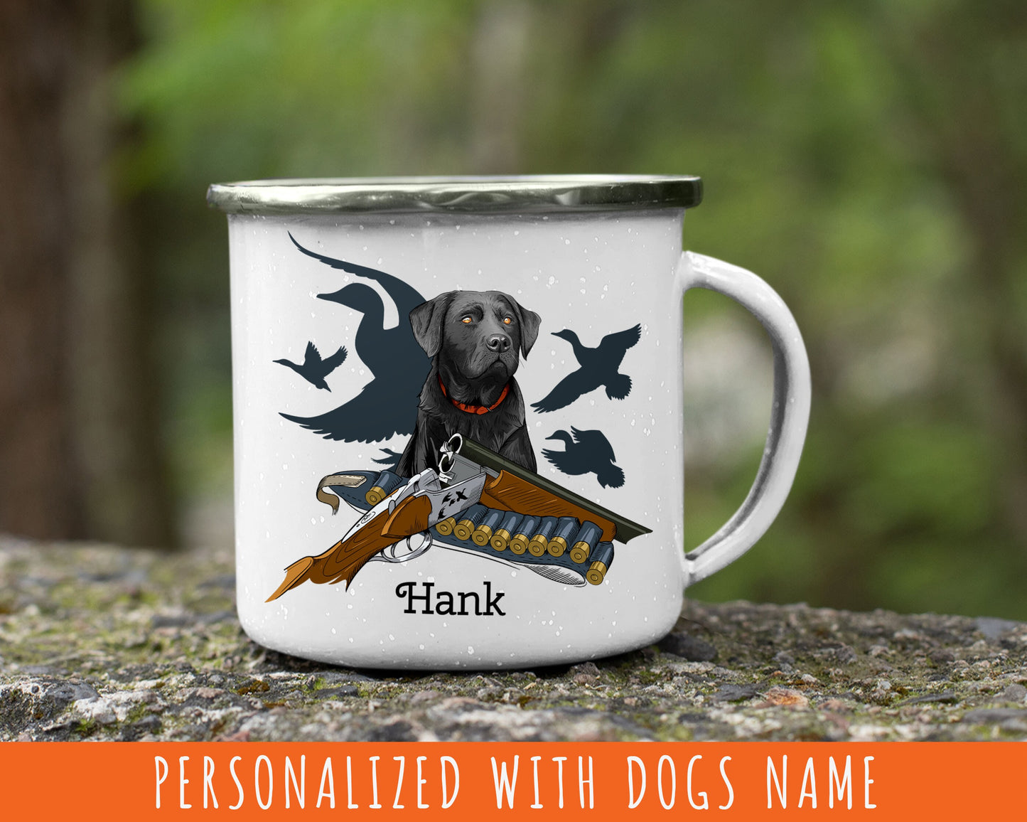 Personalized Black Lab Duck Hunting Dog/ 12oz Camping Enamel Coated Metal Mug/ Customized With Dogs Name/ Duck Hunter Gift/ Lab Dog Lover