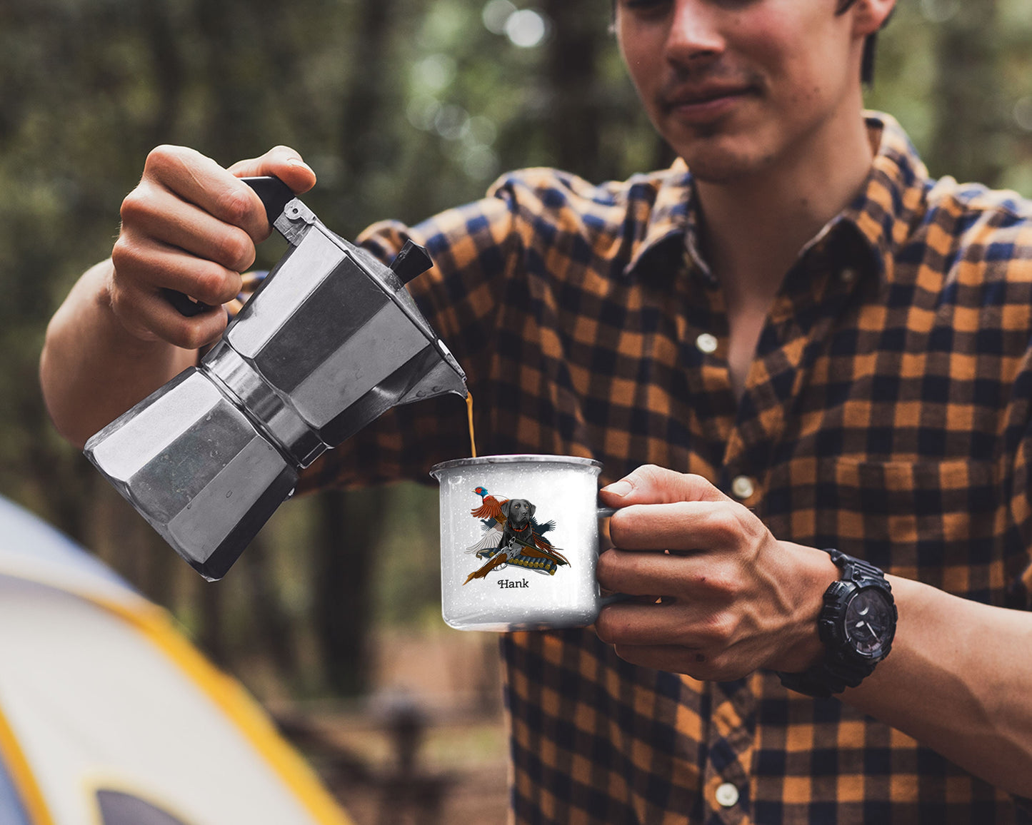 Personalized Black Lab Pheasant Hunting Dog/ 12oz Camping Enamel Coated Metal Mug/ Customized With Dogs Name/ Pheasant Hunter Gift/ Lab Dog