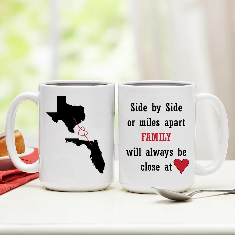 Personalized Family Coffee Cup From Two Different States, Far Apart Family, Friends, Mom, Dad, Brothers and Sisters Miles Apart Gift