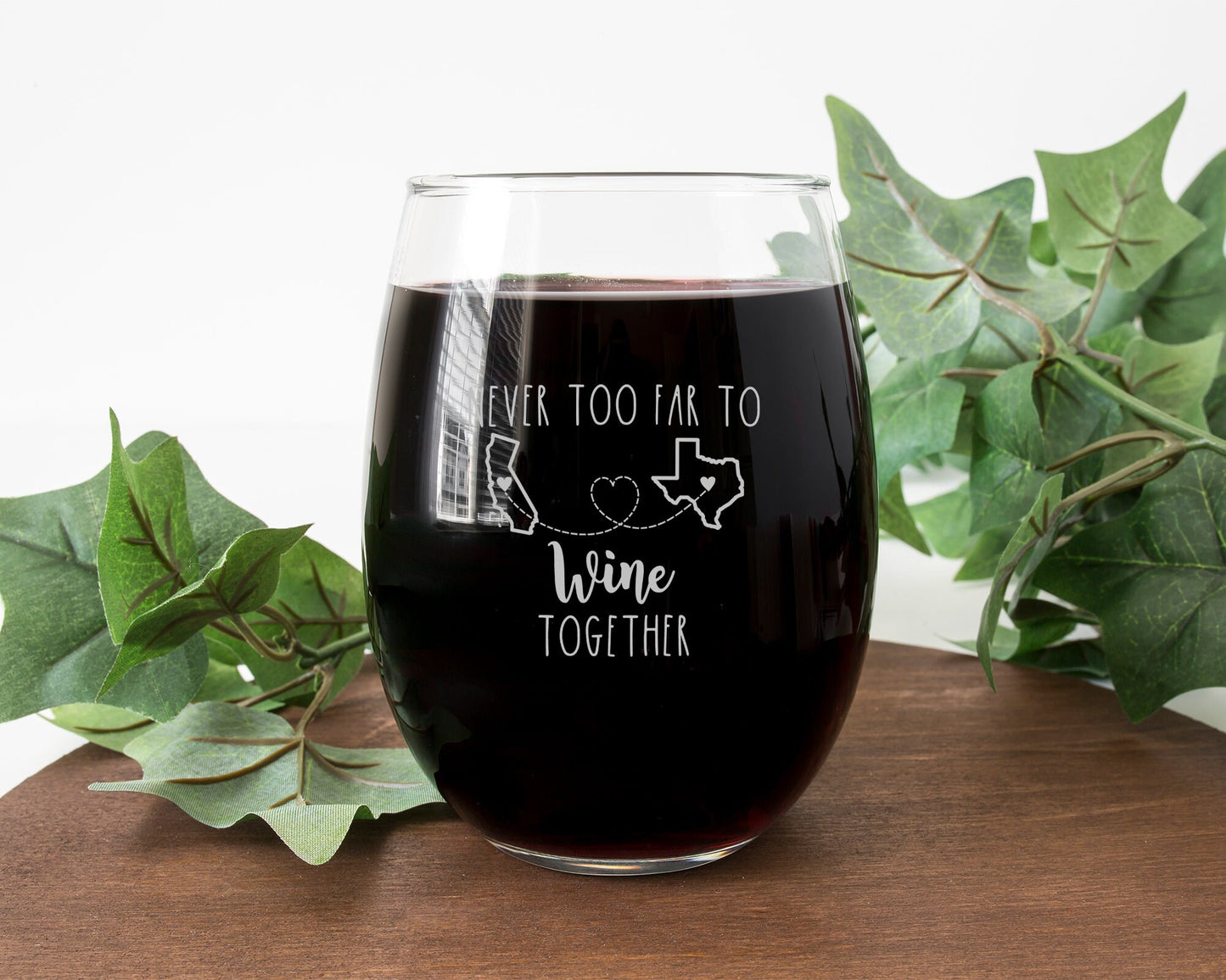 Personalized Stemless Wine Glass - Custom State-to-State Etching | Long Distance Friendship and Family Gift