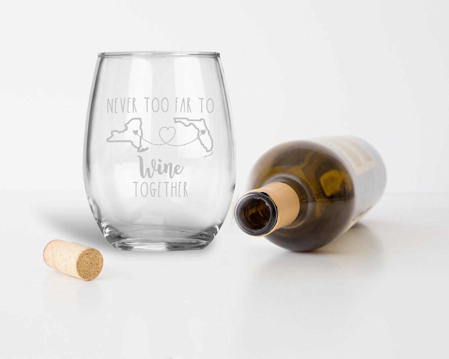 Personalized Stemless Wine Glass - Custom State-to-State Etching | Long Distance Friendship and Family Gift