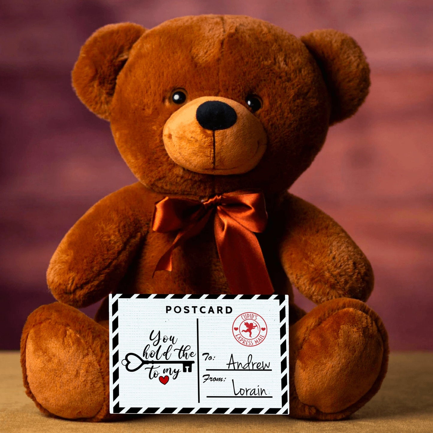 Soft Personalized Teddy Bear - Custom Post Card With Message - You Hold The Key To My Heart- Perfect Valentine's Gift