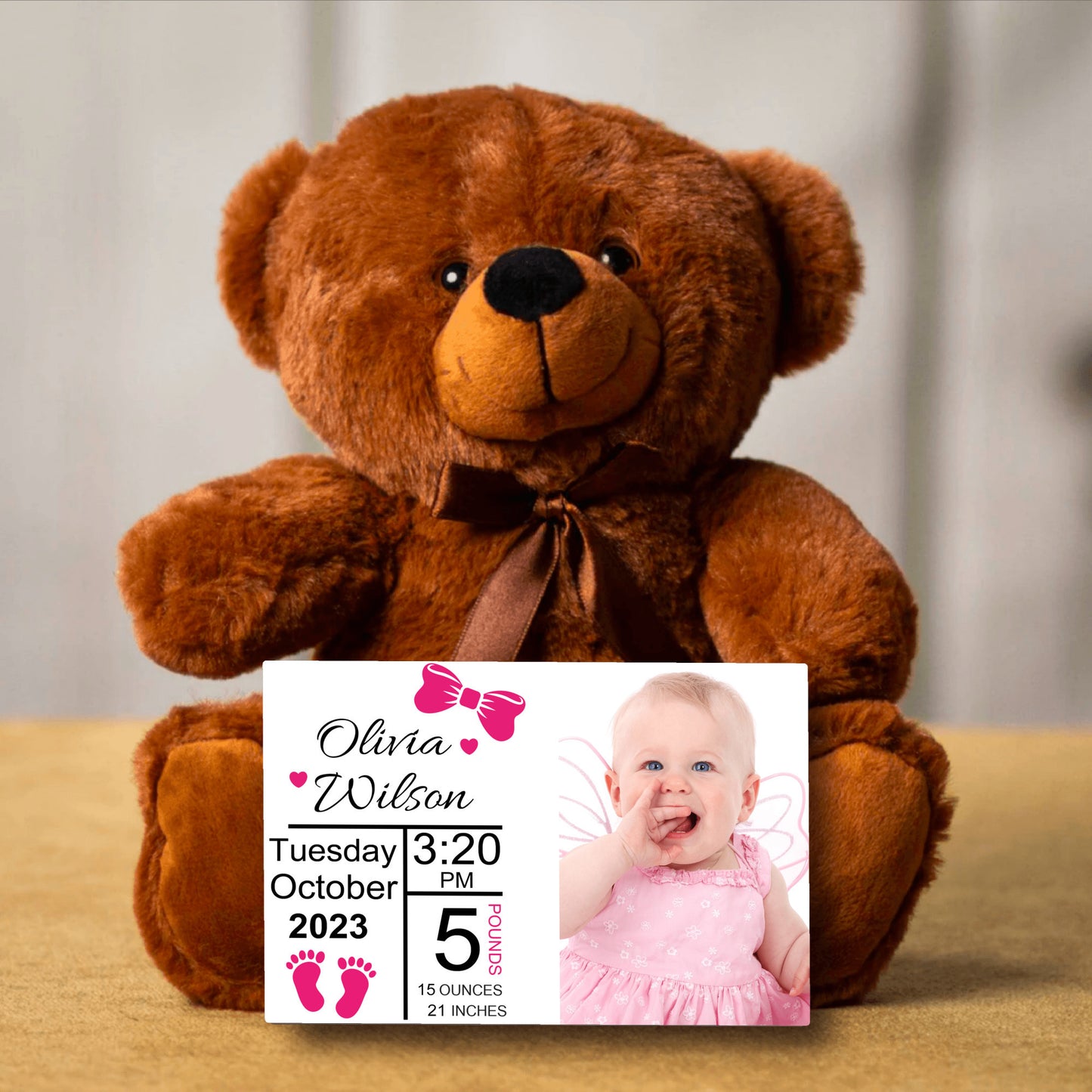 Birth Announcement Gift for Baby, Teddy Bear Stuffed Animal, Personalized Name And Photo Newborn Gift, Baby Keepsake with Birth Stats, Baby Shower Gift