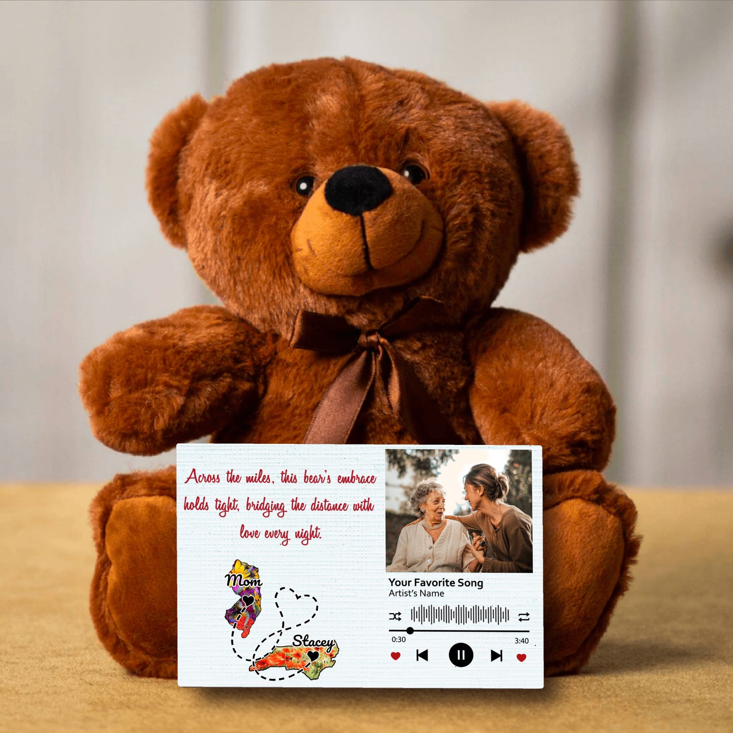 Personalized Distance Apart Canvas Message Card And Teddy Bear | Gift For Mom | Gift For Daughter | Gift For Couples | Add Your Two States