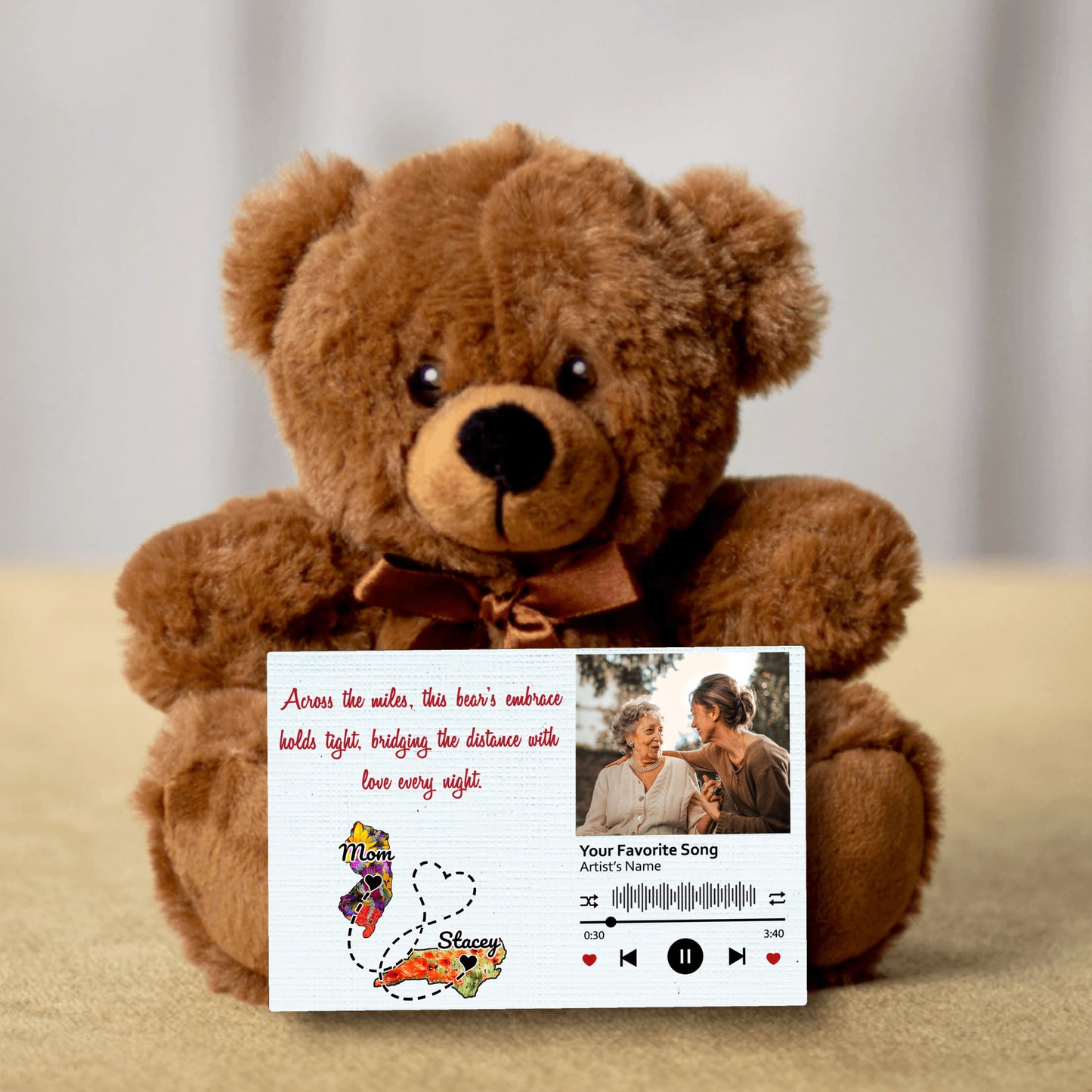 Personalized Distance Apart Canvas Message Card And Teddy Bear | Gift For Mom | Gift For Daughter | Gift For Couples | Add Your Two States