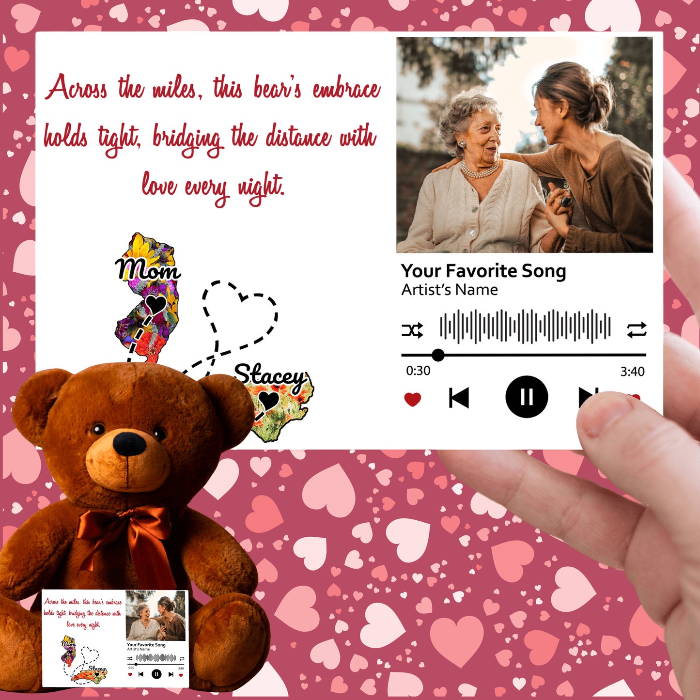 Personalized Distance Apart Canvas Message Card And Teddy Bear | Gift For Mom | Gift For Daughter | Gift For Couples | Add Your Two States