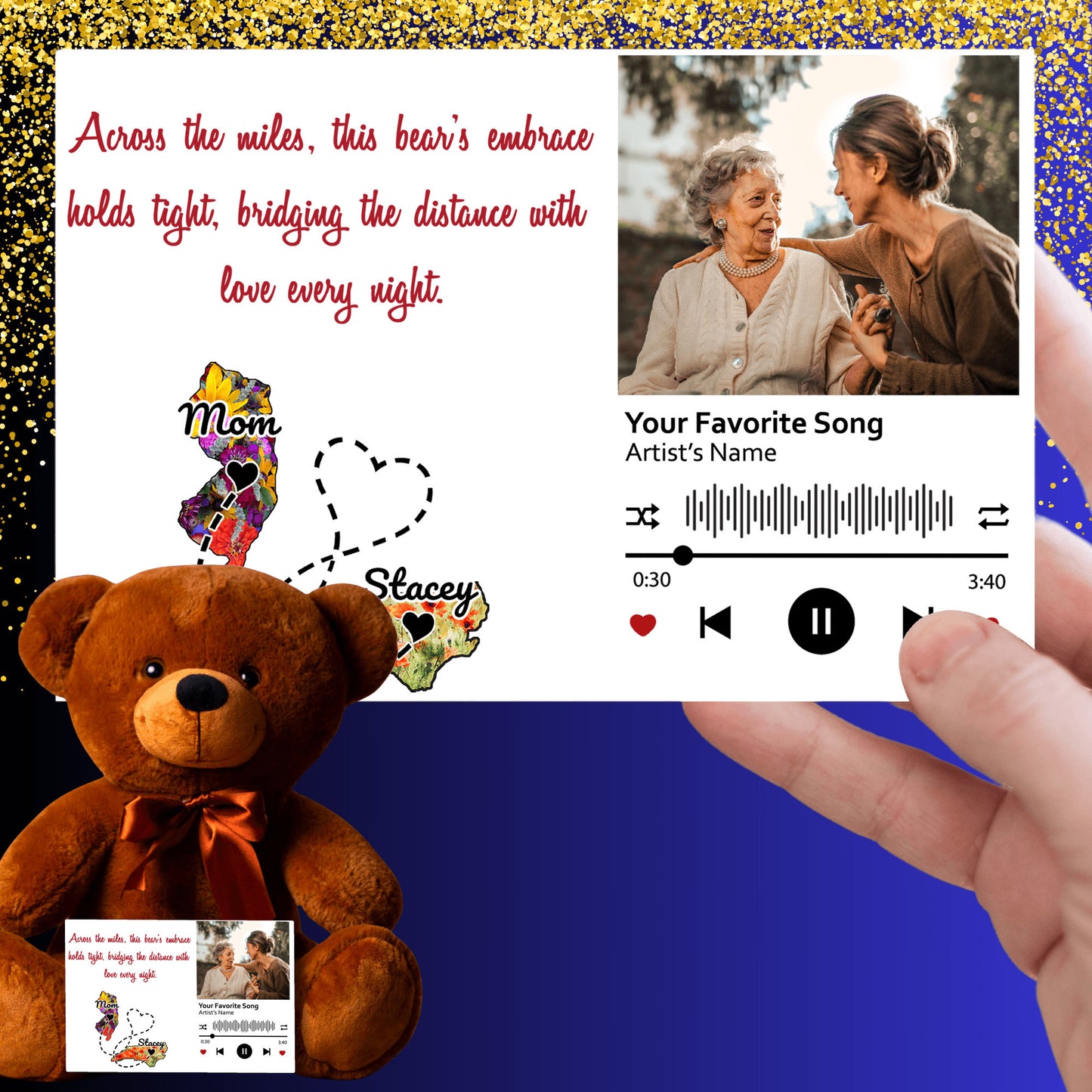 Personalized Distance Apart Canvas Message Card And Teddy Bear | Gift For Mom | Gift For Daughter | Gift For Couples | Add Your Two States