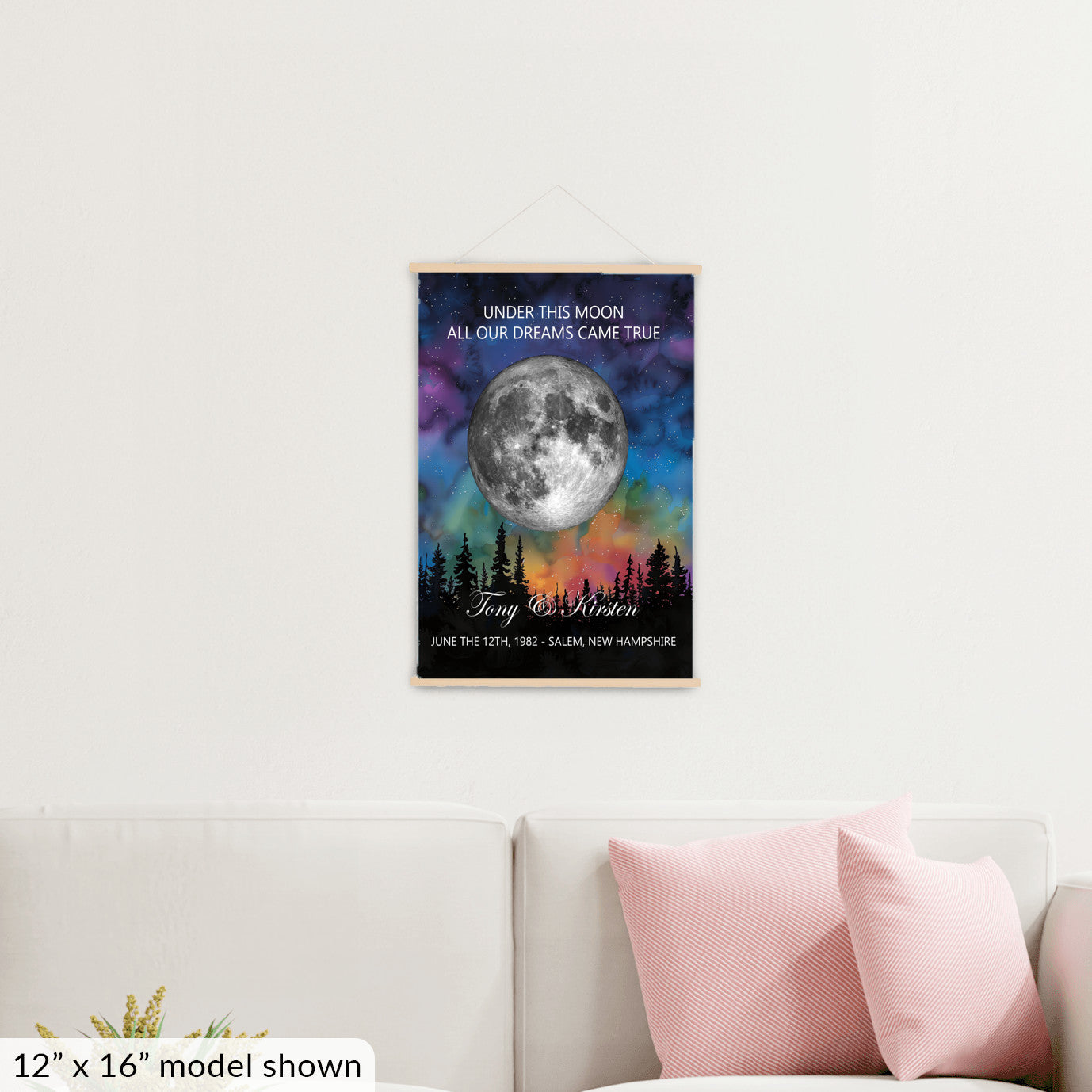 Personalized Moon Phase Wall Hanging – Custom Anniversary Canvas with Aurora Borealis – Wedding Gift