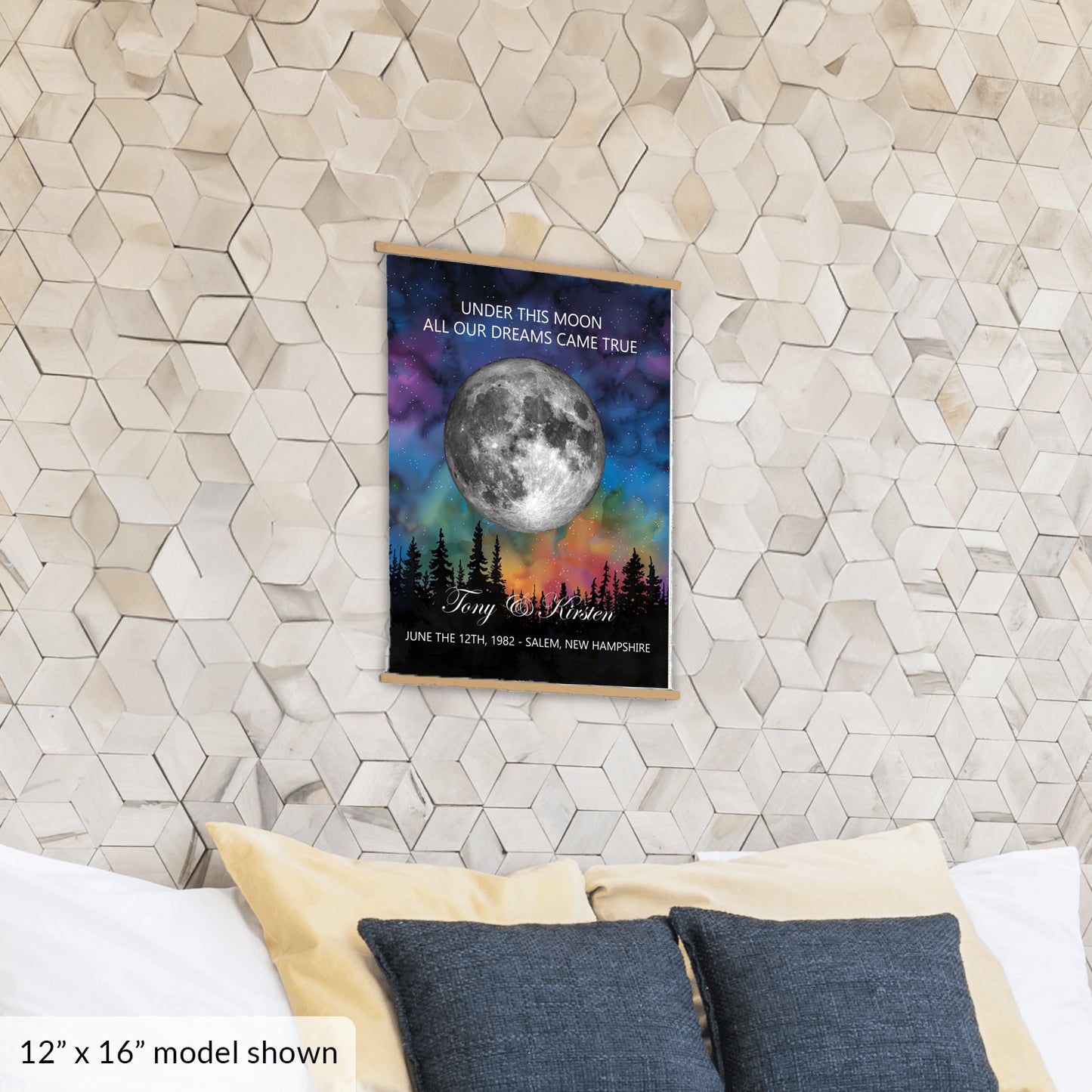 Personalized Moon Phase Wall Hanging – Custom Anniversary Canvas with Aurora Borealis – Wedding Gift