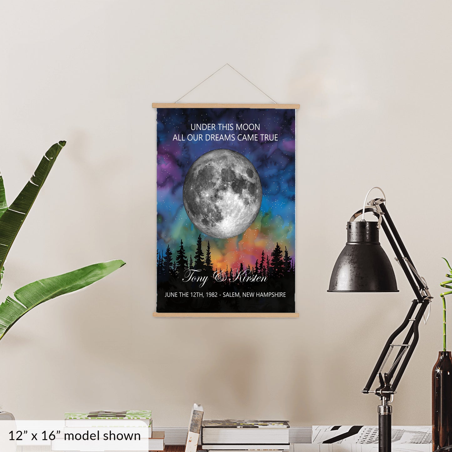 Personalized Moon Phase Wall Hanging – Custom Anniversary Canvas with Aurora Borealis – Wedding Gift