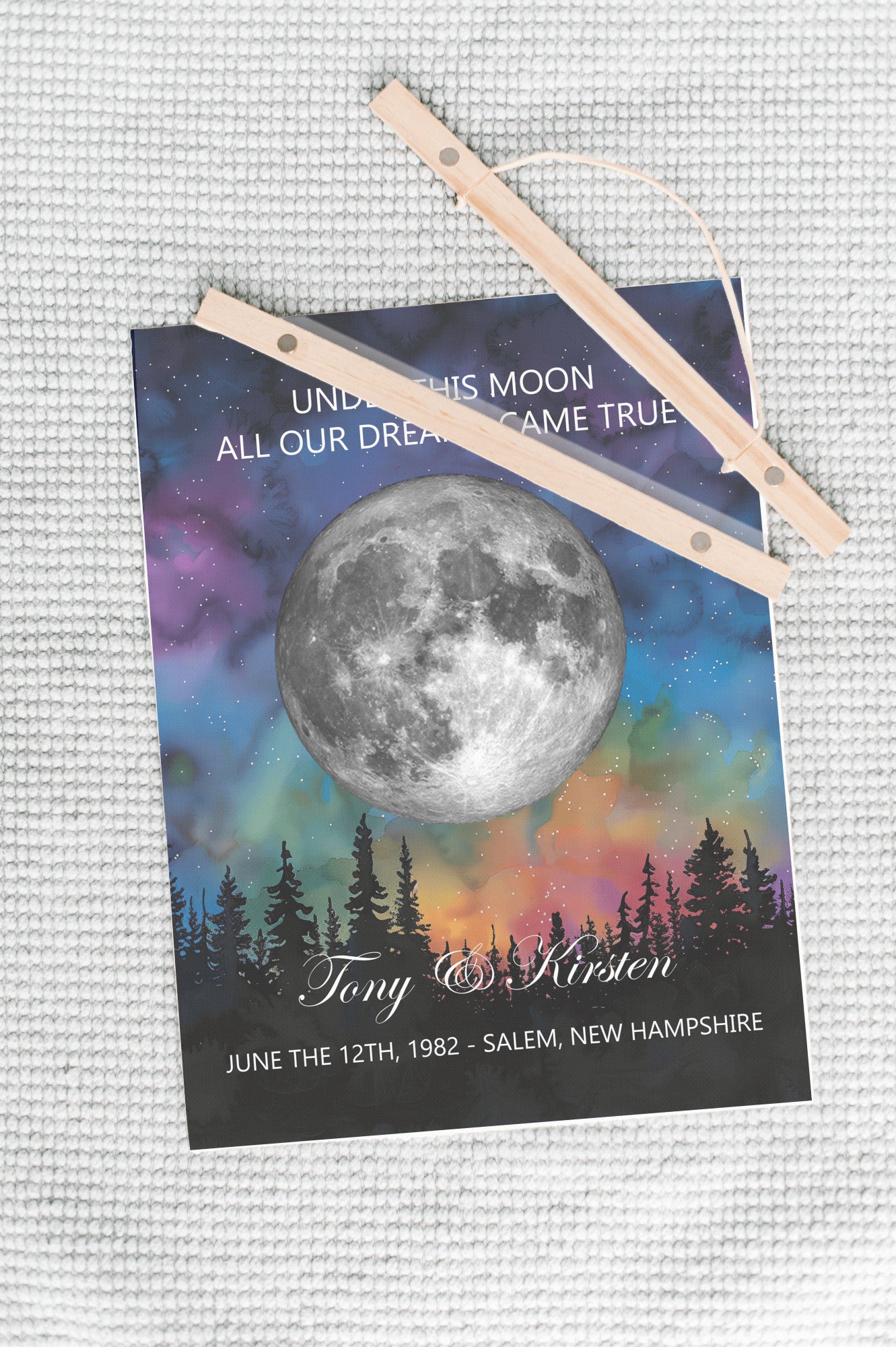 Personalized Moon Phase Wall Hanging – Custom Anniversary Canvas with Aurora Borealis – Wedding Gift