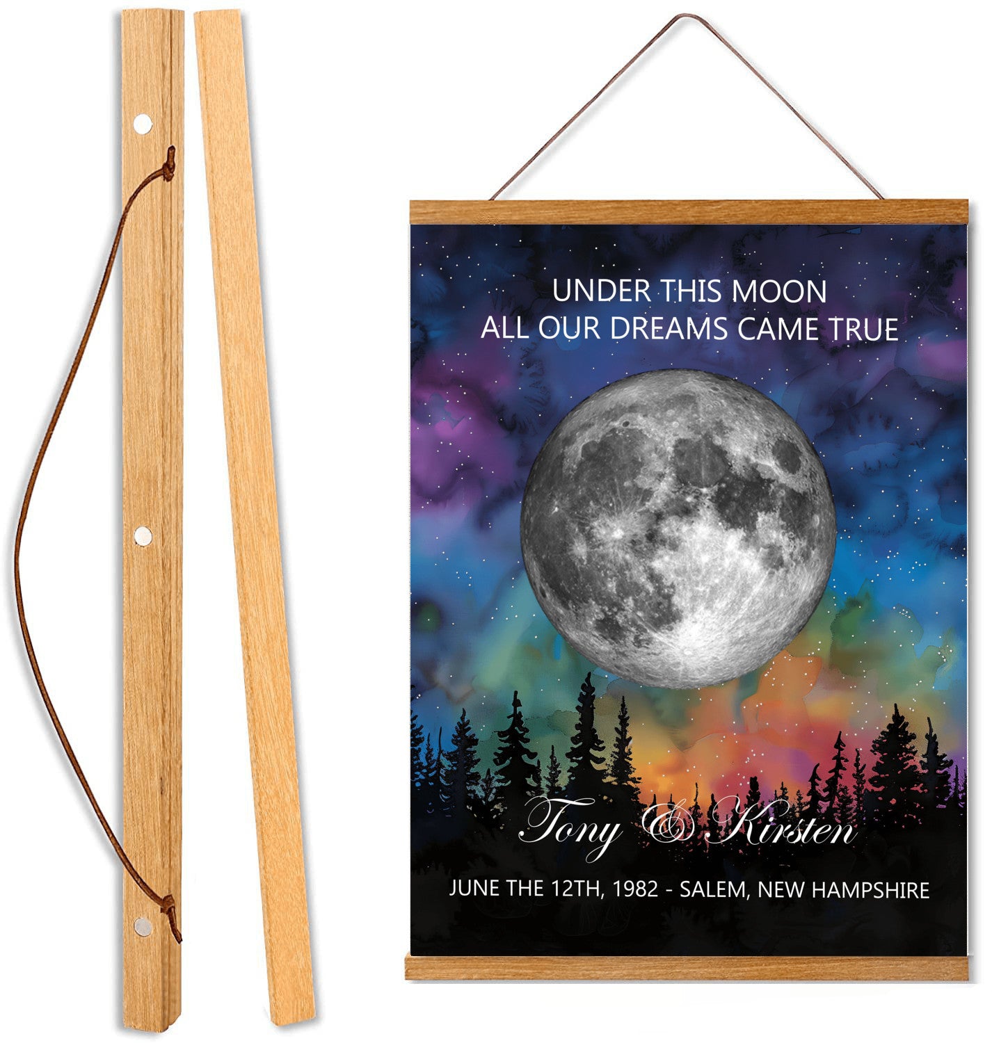 Personalized Moon Phase Wall Hanging – Custom Anniversary Canvas with Aurora Borealis – Wedding Gift