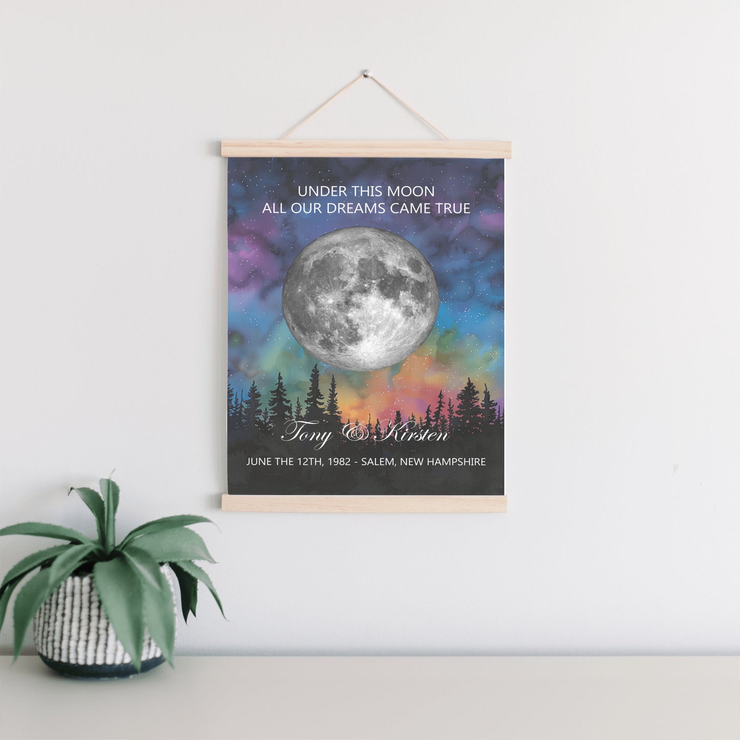 Personalized Moon Phase Wall Hanging – Custom Anniversary Canvas with Aurora Borealis – Wedding Gift