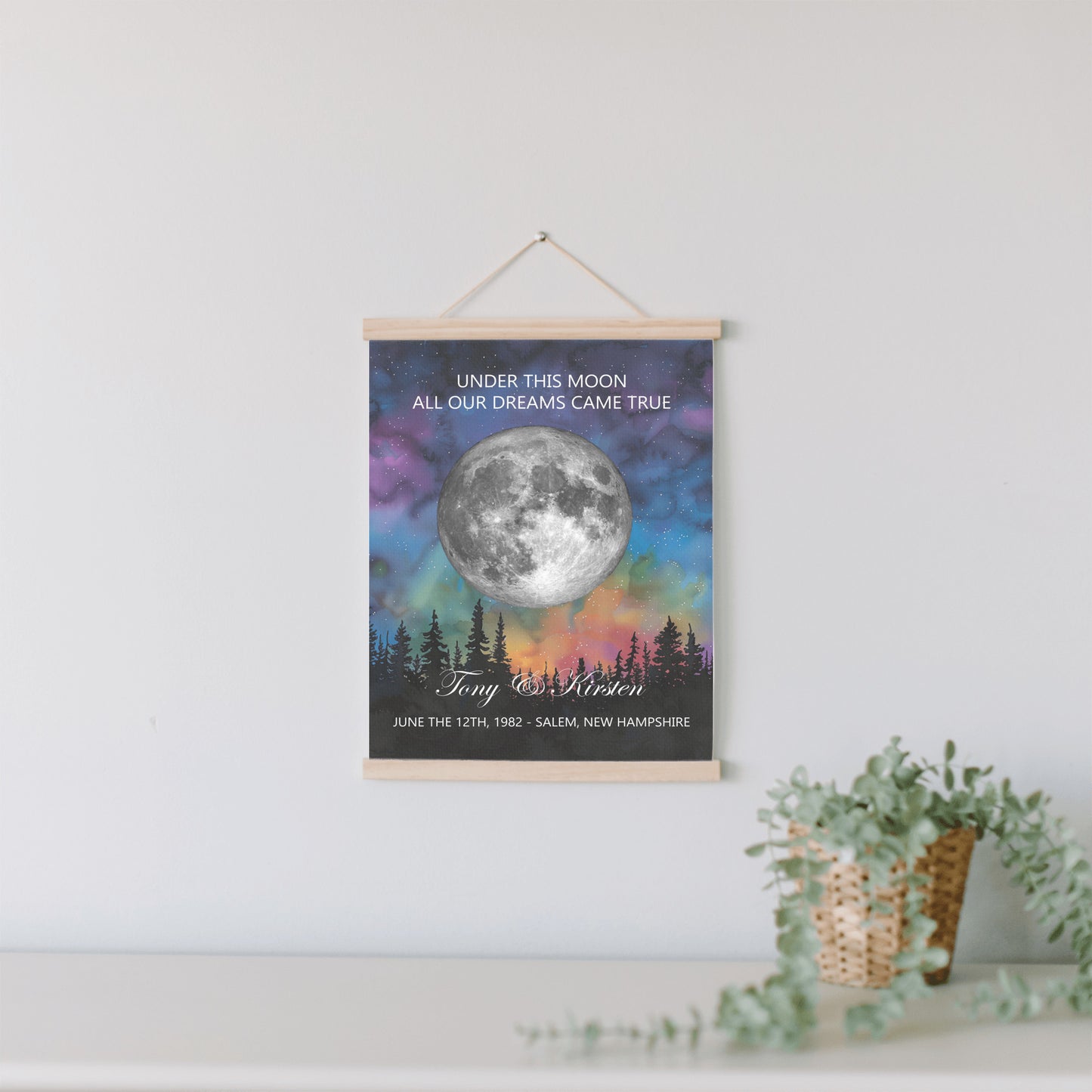 Personalized Moon Phase Wall Hanging – Custom Anniversary Canvas with Aurora Borealis – Wedding Gift