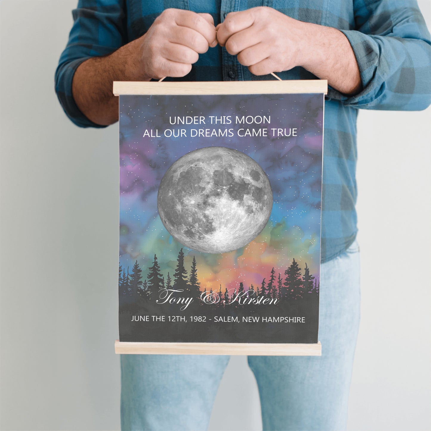 Personalized Moon Phase Wall Hanging – Custom Anniversary Canvas with Aurora Borealis – Wedding Gift