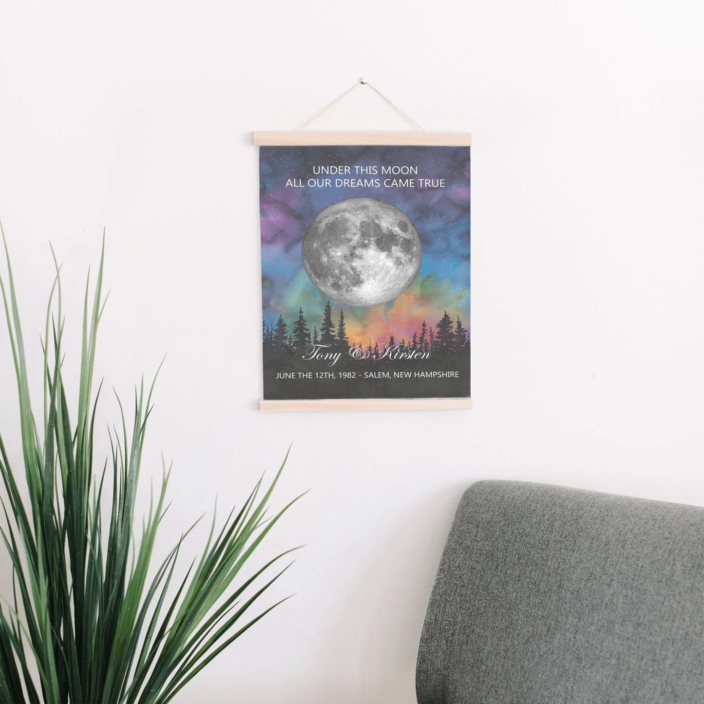Personalized Moon Phase Wall Hanging – Custom Anniversary Canvas with Aurora Borealis – Wedding Gift
