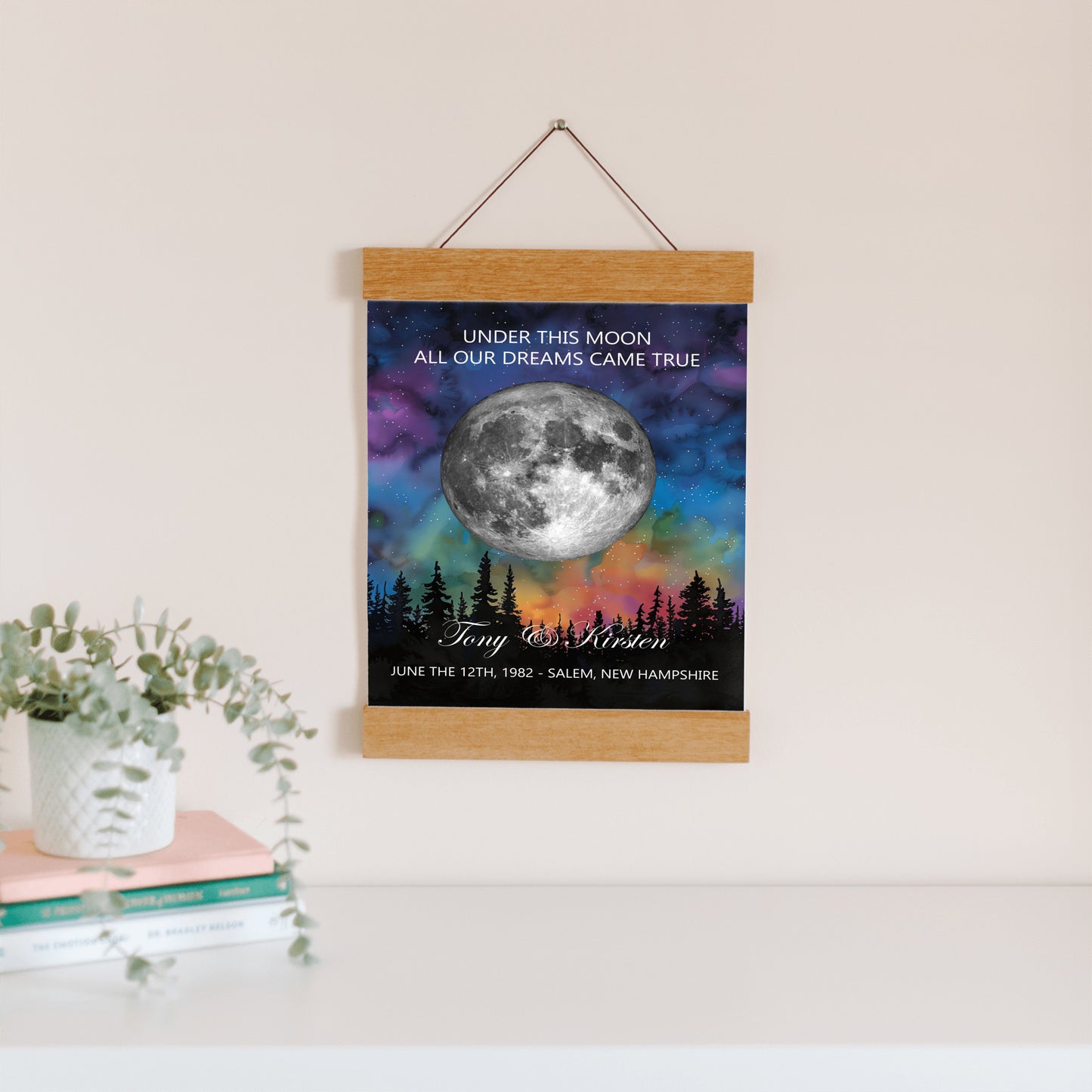 Personalized Moon Phase Wall Hanging – Custom Anniversary Canvas with Aurora Borealis – Wedding Gift