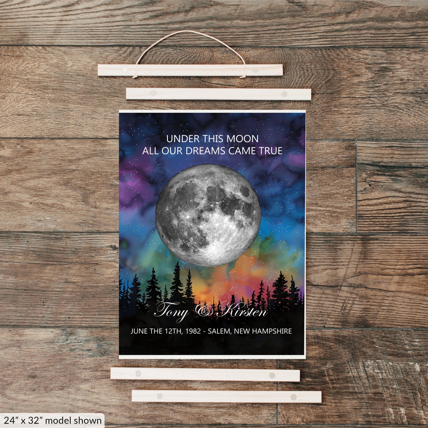 Personalized Moon Phase Wall Hanging – Custom Anniversary Canvas with Aurora Borealis – Wedding Gift