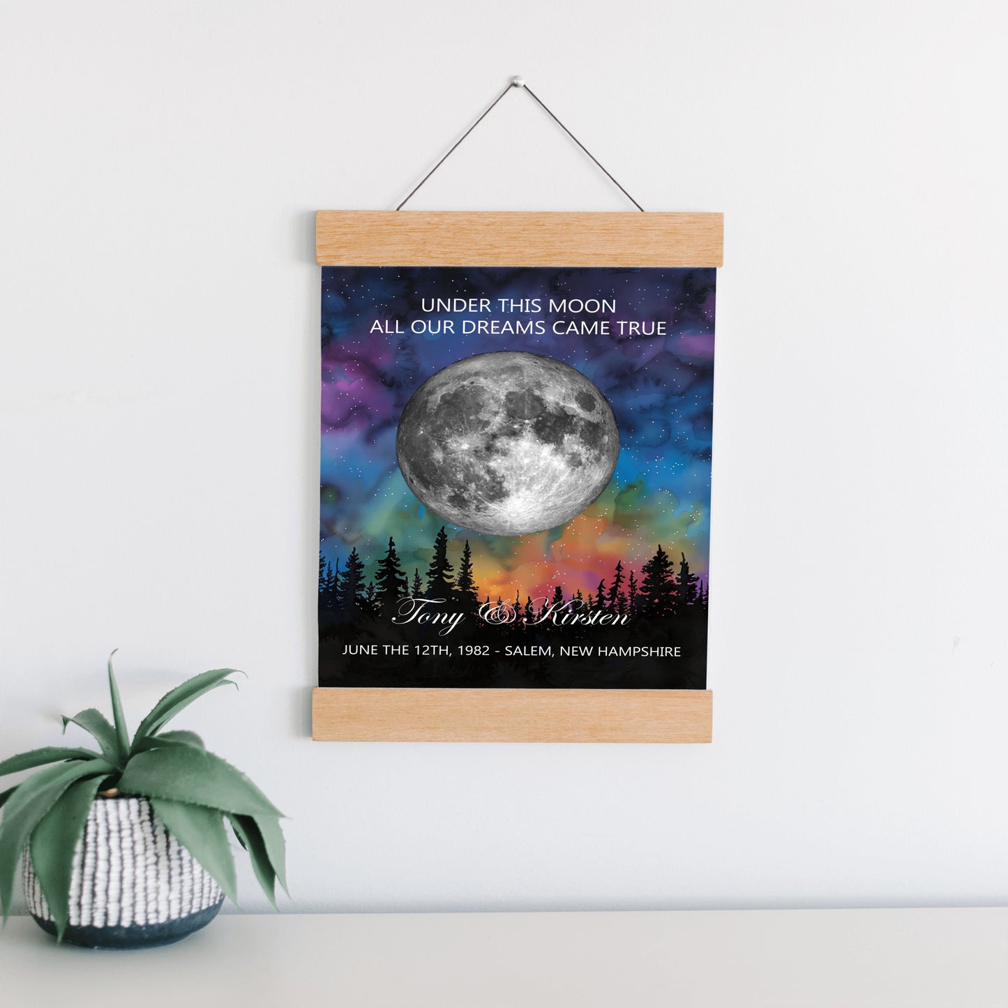 Personalized Moon Phase Wall Hanging – Custom Anniversary Canvas with Aurora Borealis – Wedding Gift