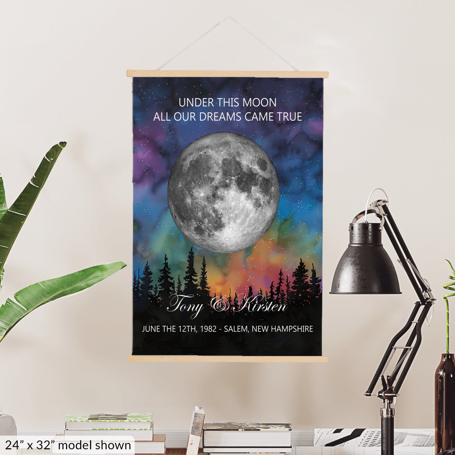 Personalized Moon Phase Wall Hanging – Custom Anniversary Canvas with Aurora Borealis – Wedding Gift