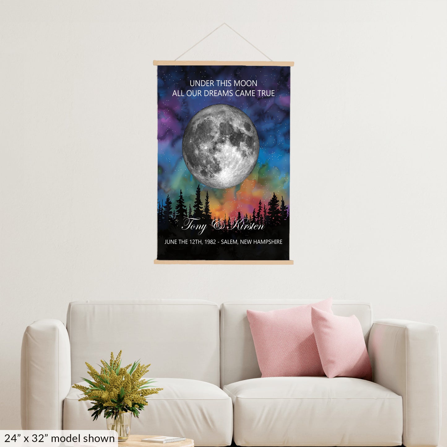 Personalized Moon Phase Wall Hanging – Custom Anniversary Canvas with Aurora Borealis – Wedding Gift